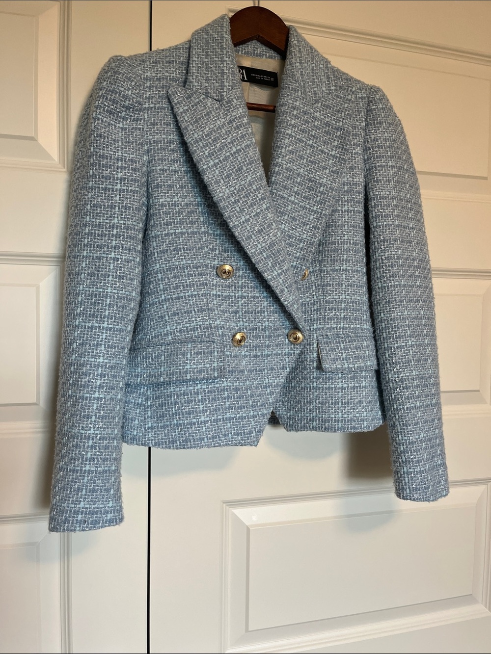 Zara Double-Breasted Sky Blue Textured Weave Women's Blazer Jacket